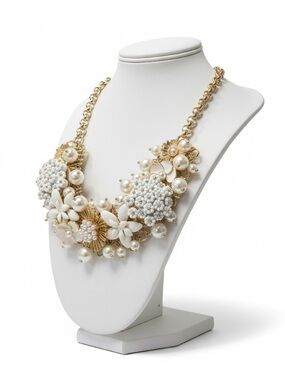 Talbots Gold Tone Floral & Faux Pearl Statement Bib Necklace